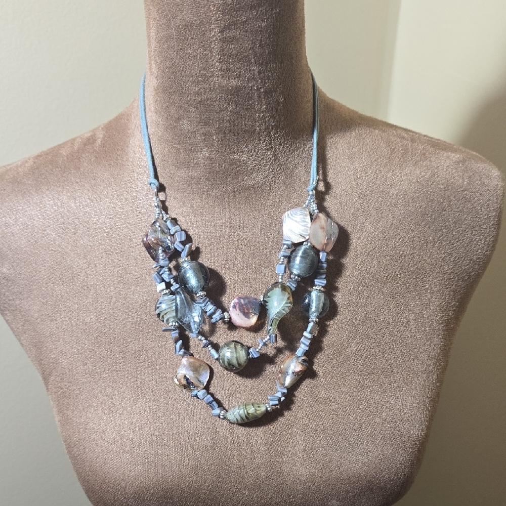 Layered Blue Shell & Bead Necklace - Unbranded